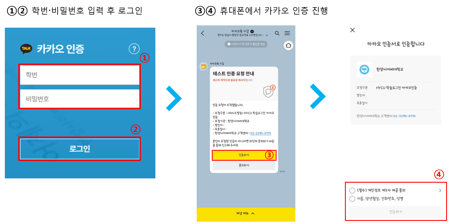 카카오 로그인방법 : 1. 학번·비밀번호 입력 후 로그인 → 개인정보 제공 동의 필수, 미동의 시 카카오 로그인 제한됩니다.